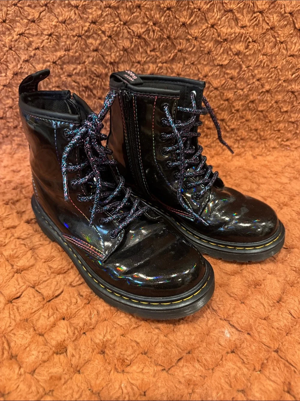 Black Holographic Doc Martin Combat Boots with Multicolor Laces